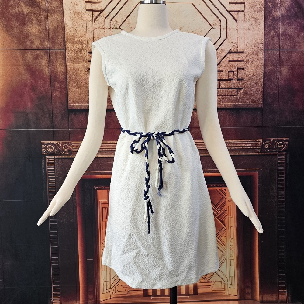 Vintage 1960's Dress Shift White Blue White Braided Belt Sleeveless Retro Pinup - Picture 8 of 13